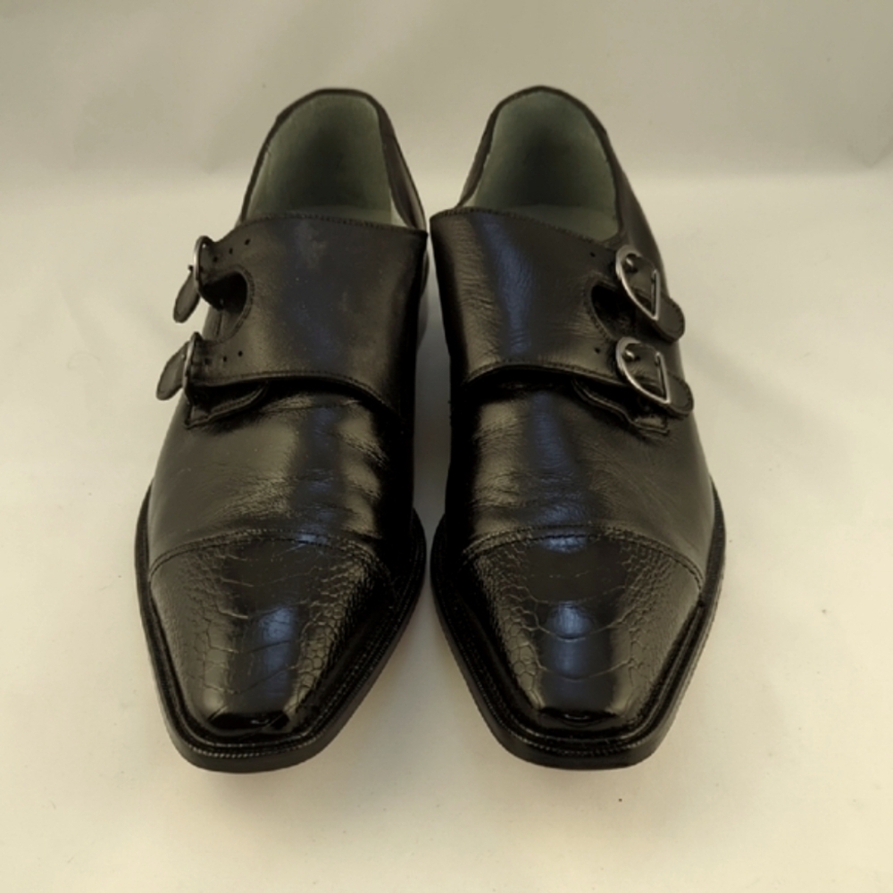 Black Ostrich Leather Oxfords with Double Monk Strap